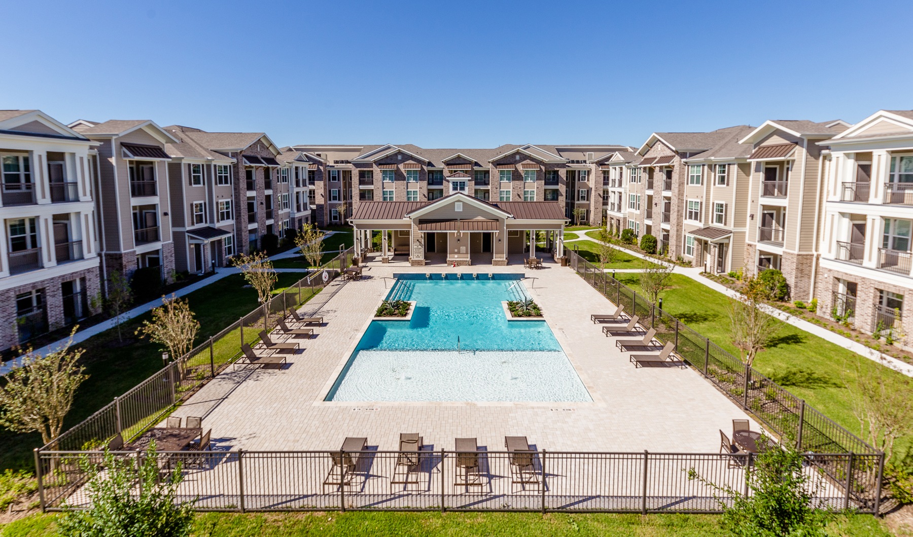 a pool in a row of houses